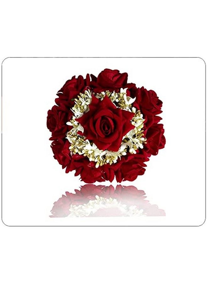 Hair Flare - Women Attractive Artificial Rounded Rose Flower With Lily Wedding Hair Accessories;Hair Pins;Juda Pins for Women and Girls 2295 Red - Image 1