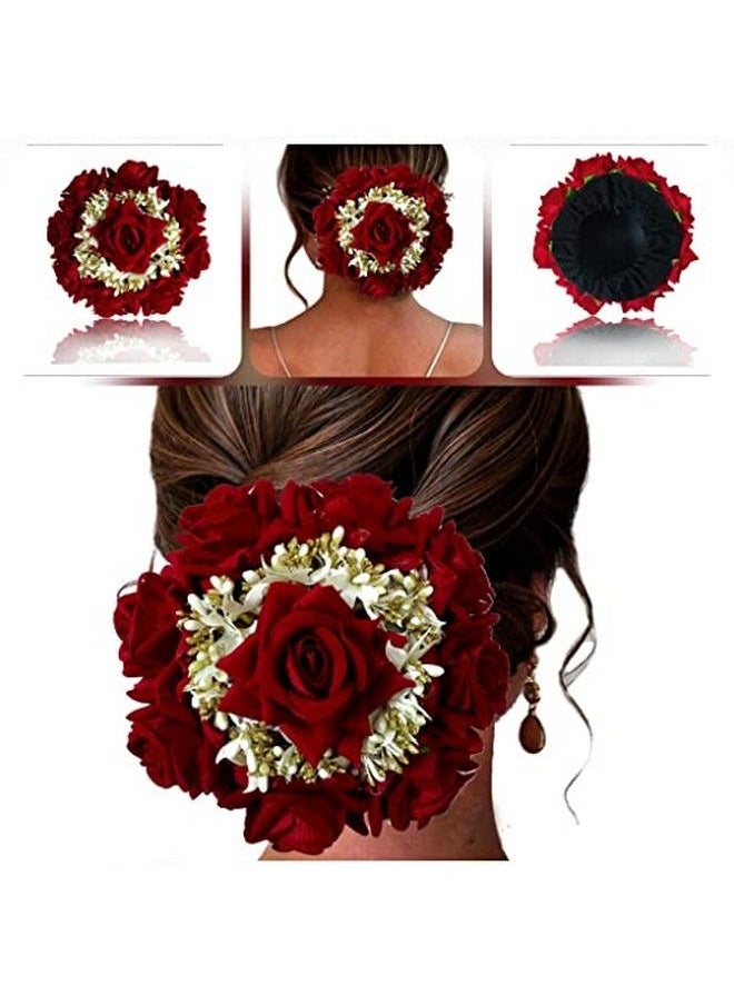 Hair Flare - Women Attractive Artificial Rounded Rose Flower With Lily Wedding Hair Accessories;Hair Pins;Juda Pins for Women and Girls 2295 Red - Image 1