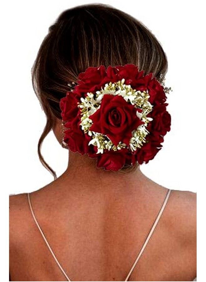 Hair Flare - Women Attractive Artificial Rounded Rose Flower With Lily Wedding Hair Accessories;Hair Pins;Juda Pins for Women and Girls 2295 Red - Image 1