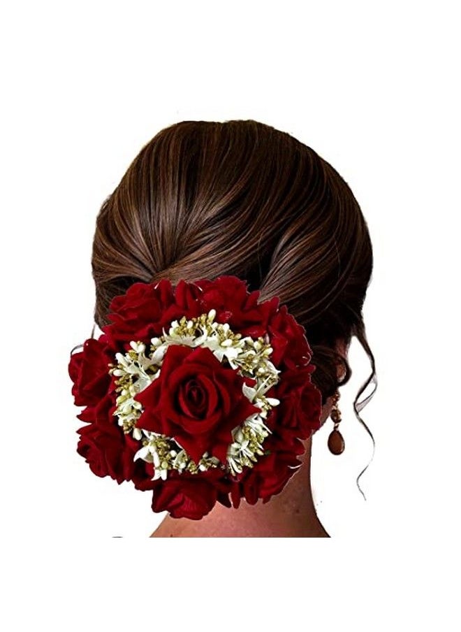 Hair Flare - Women Attractive Artificial Rounded Rose Flower With Lily Wedding Hair Accessories;Hair Pins;Juda Pins for Women and Girls 2295 Red - Image 1