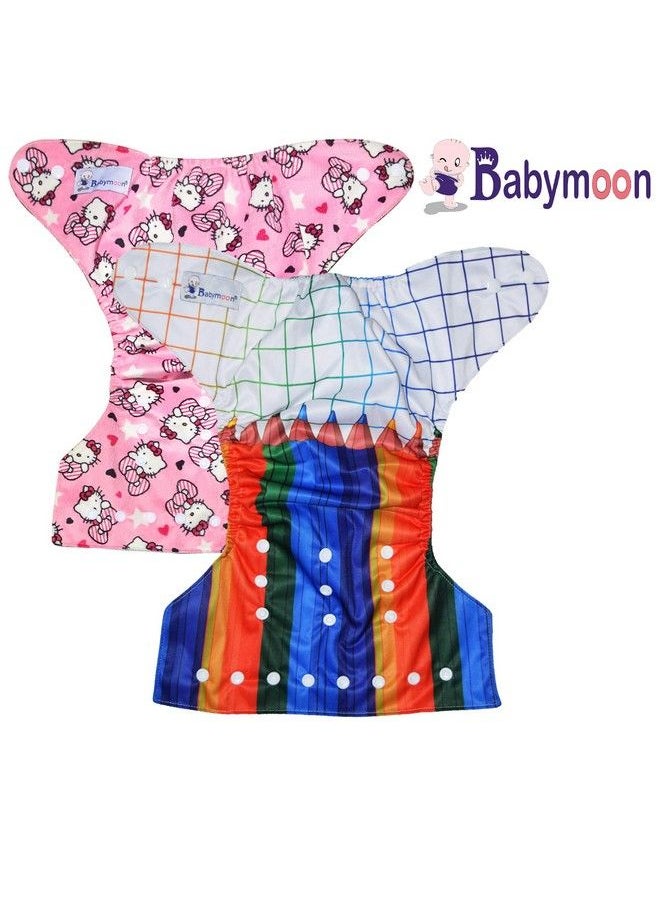 BabyMoon - (Set Of 2) Reusable Cloth Diaper Premium Adjustable Size Waterproof Washable Pocket Cloth Diaper Nappie (Pencil & Catroon) - Image 1