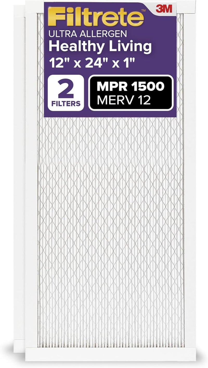 FILTRETE 12x24x1 AC Furnace Air Filter, MERV 12, MPR 1500, CERTIFIED asthma & allergy friendly, 3 Month Pleated 1-Inch Electrostatic Air Cleaning Filter, 2-Pack (Actual Size 11.69x23.69x0.78 in) - Image 1