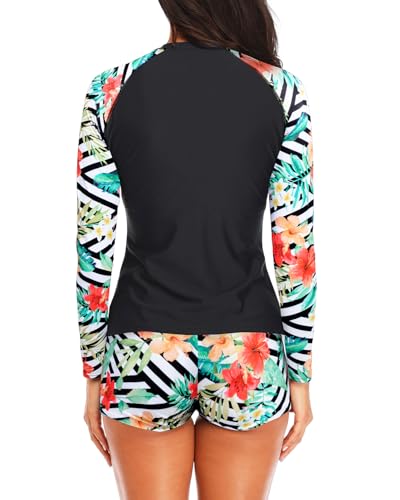 Daci Women Flower Prints Two Piece Rash Guard Long Sleeve Swimsuits UV UPF 50+ Swim Shirt Bathing Suit with Boyshort Bottom M - Image 2