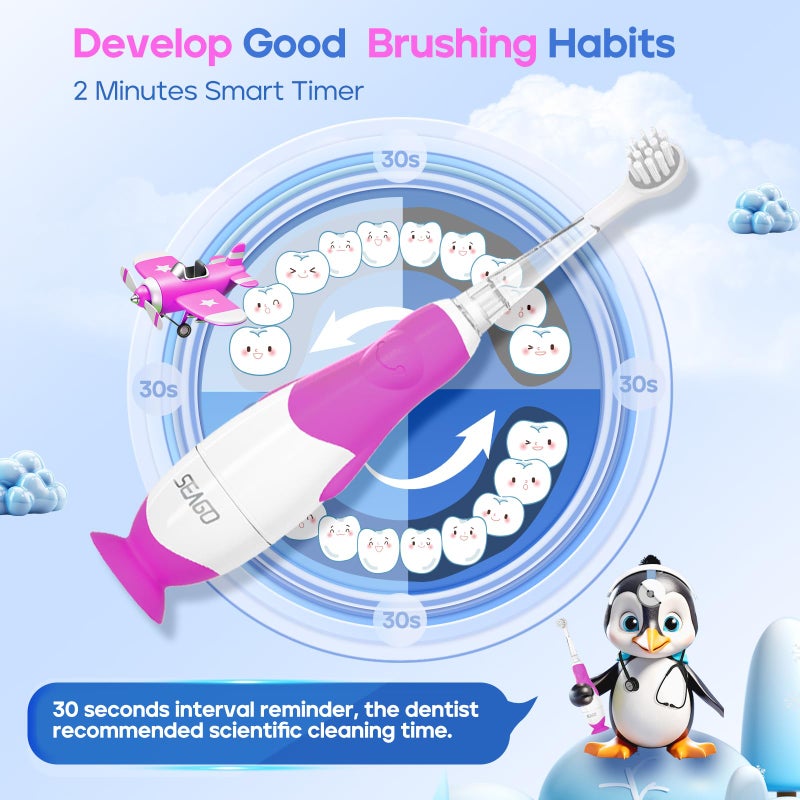 Seago Toddler Electric Toothbrushes For Baby Ages 0-3 Years  Baby Toothbrush With Smart Timer And Suction Base  4 Replacement Brush Heads Sg-513(Purple-C) - Image 5