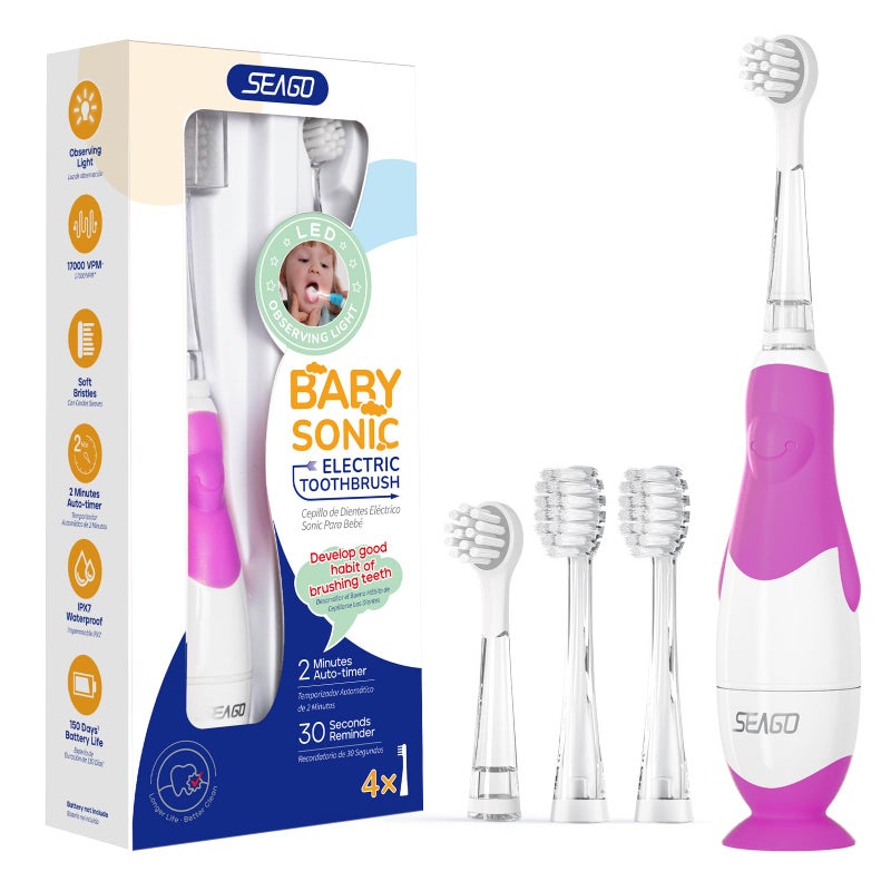 Seago Toddler Electric Toothbrushes For Baby Ages 0-3 Years  Baby Toothbrush With Smart Timer And Suction Base  4 Replacement Brush Heads Sg-513(Purple-C) - Image 1