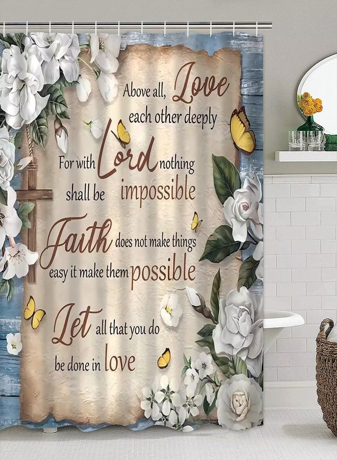AZHM 4pcs White and Blue Artistic Painted Flowers Shower Curtain Set Floral and Butterfly Bathroom Sets with Rugs and Accessories - Image 5