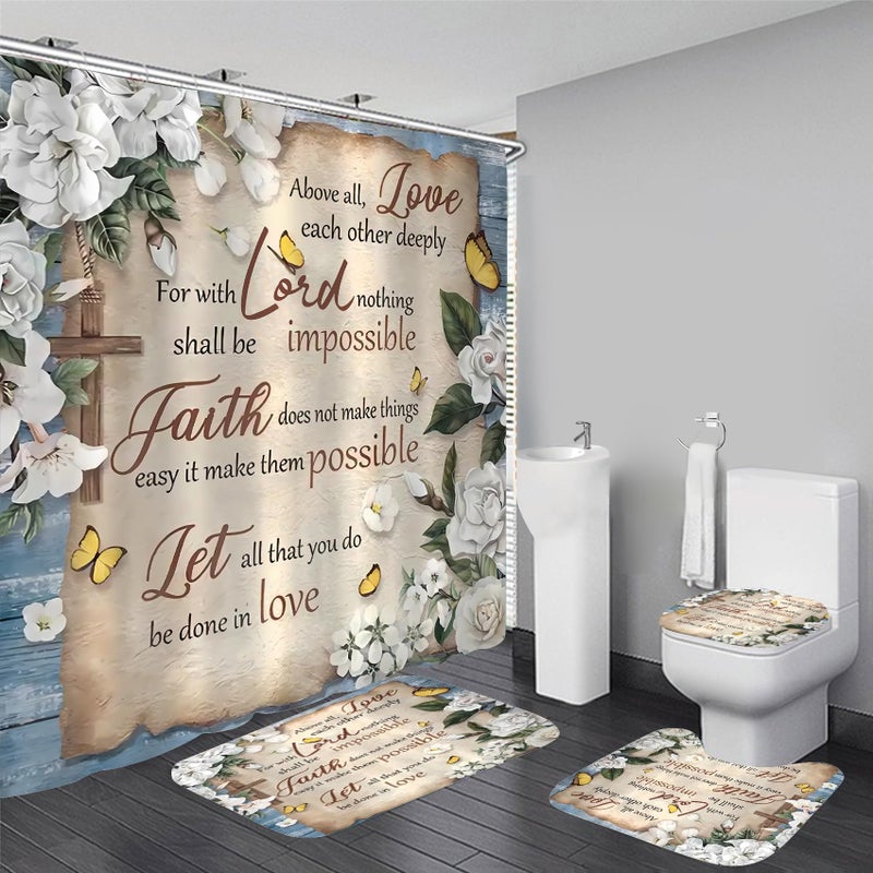 AZHM 4pcs White and Blue Artistic Painted Flowers Shower Curtain Set Floral and Butterfly Bathroom Sets with Rugs and Accessories - Image 1