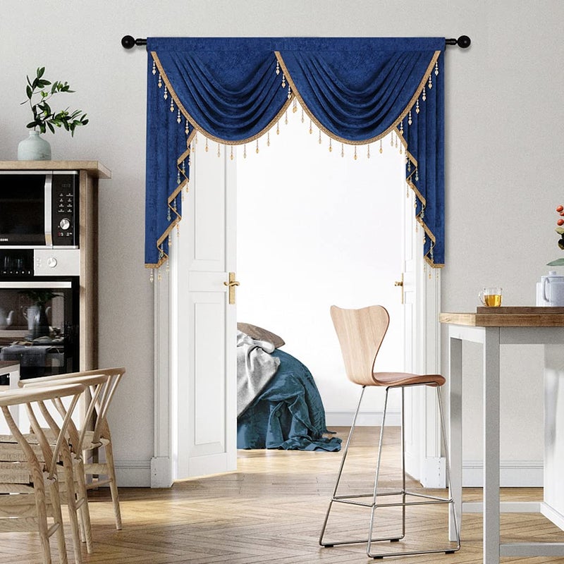 ELKCA Thick Chenille Window Curtains Valance for Living Room Royal Blue Swag Valance with Beads for BedroomRod Pocket W59inch1 Panel