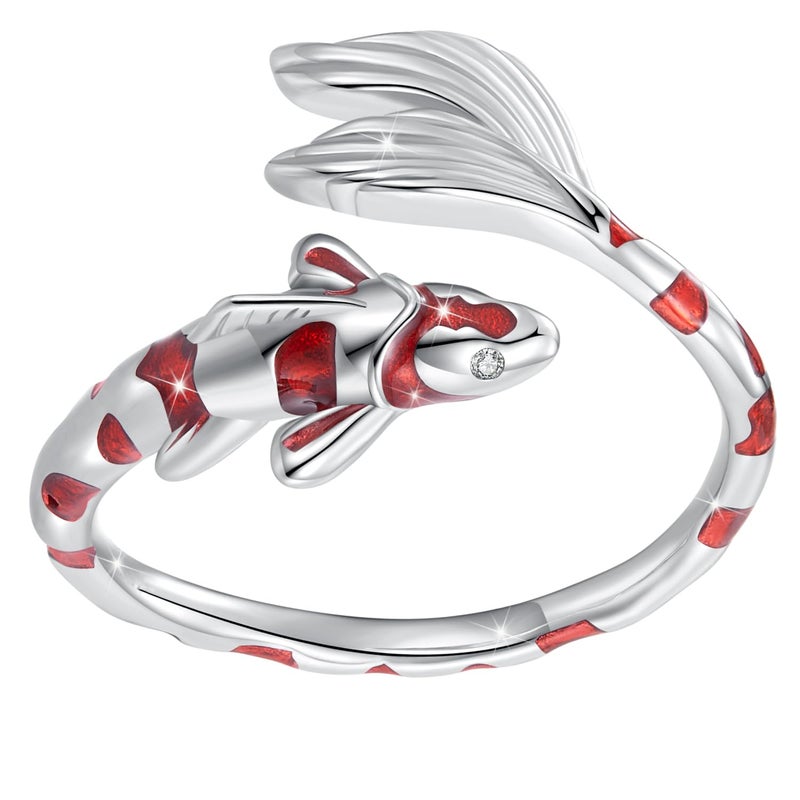 WOSTU Koi Fish Adjustable Open Ring for Women, Lucky Protection Silver Plated Stackable Animal Themed Koi Fish Fortune Protection Ring Good Luck Jewelry Gifts for Men Women - Image 1