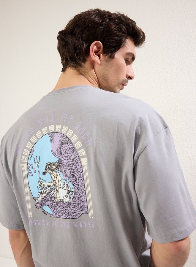 trendyol Grey Oversize/Wide Cut Art Printed 100% Short Sleeve T-Shirt TMNSS21TS3559  - Image 5