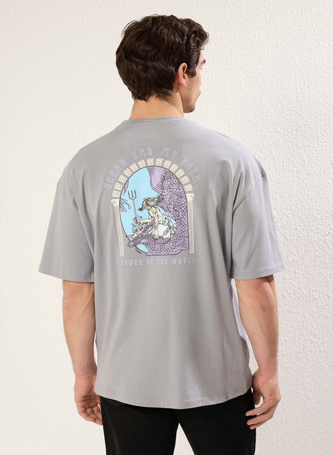 trendyol Grey Oversize/Wide Cut Art Printed 100% Short Sleeve T-Shirt TMNSS21TS3559  - Image 4