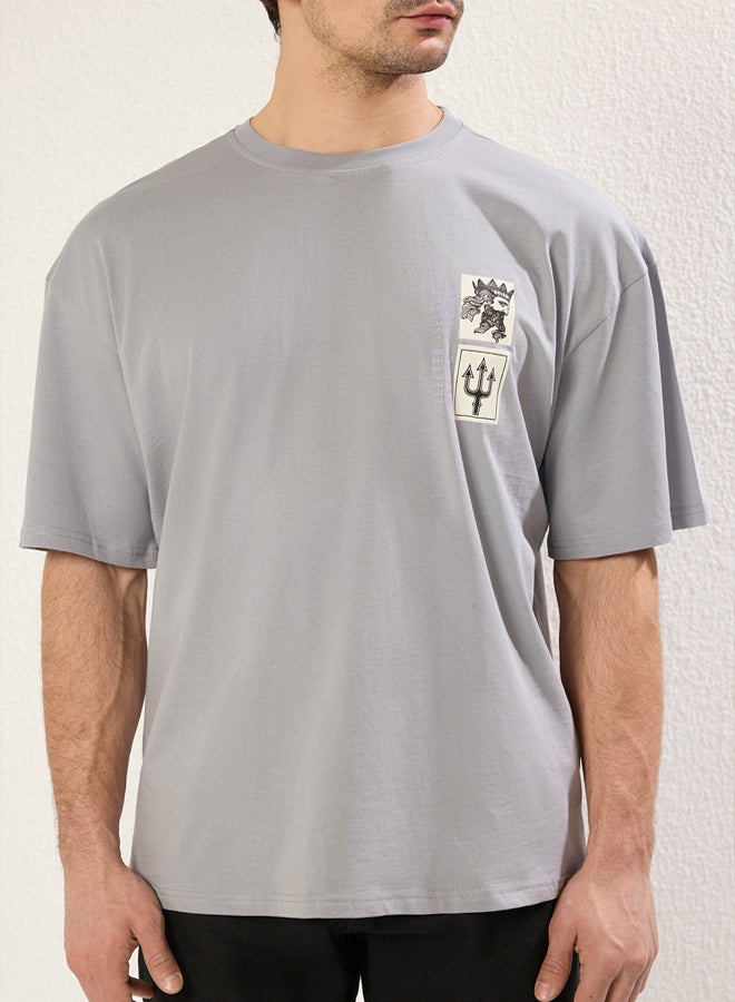 trendyol Grey Oversize/Wide Cut Art Printed 100% Short Sleeve T-Shirt TMNSS21TS3559  - Image 2