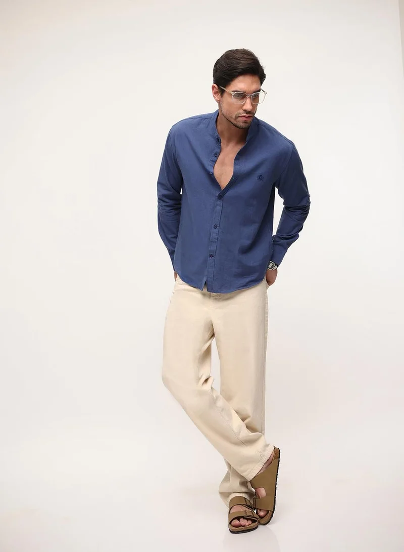 Dennis Lingo  Navy Cotton Linen Solid Print Button Down Relaxed Shirt For Men for Men | Best Price UAE