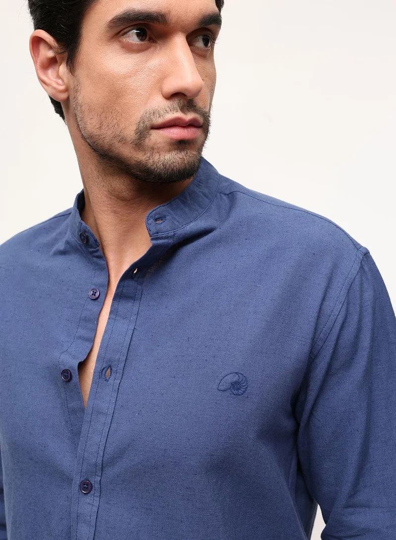 Dennis Lingo  Navy Cotton Linen Solid Print Button Down Relaxed Shirt For Men for Men | Best Price UAE