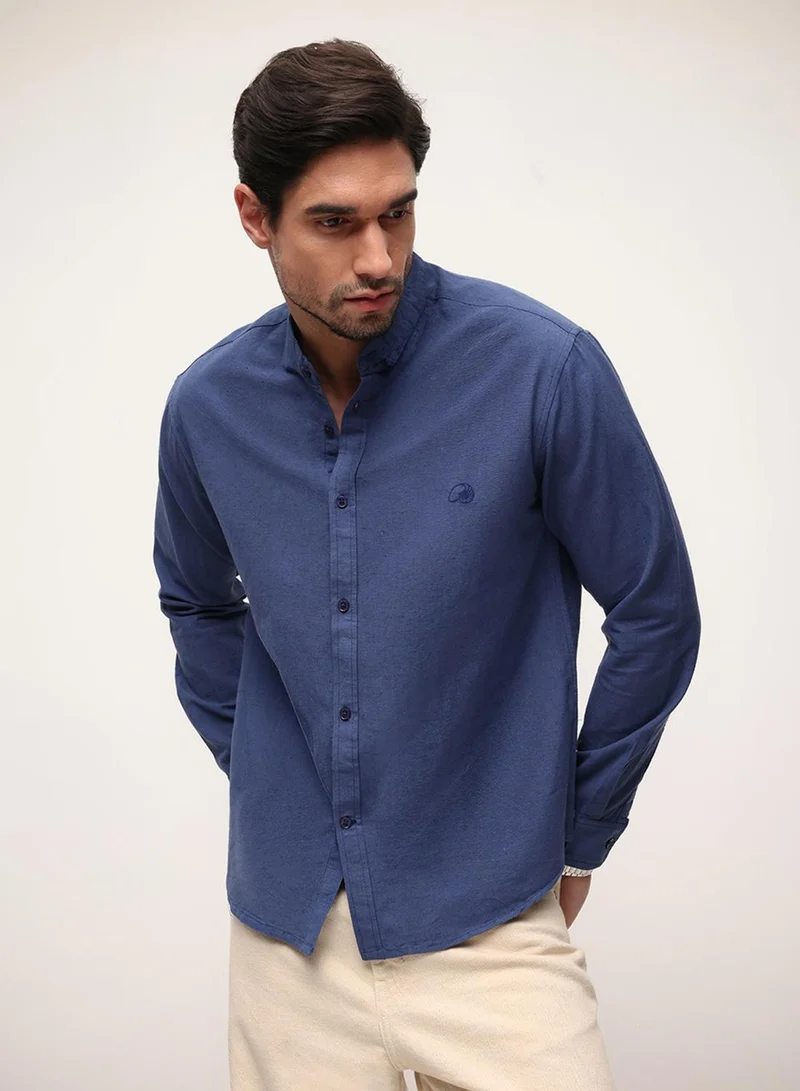 Navy Cotton Linen Solid Print Button Down Relaxed Shirt For Men
