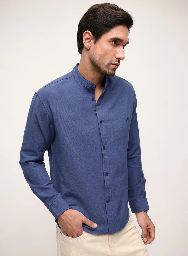 Dennis Lingo  Navy Cotton Linen Solid Print Button Down Relaxed Shirt For Men for Men | Best Price UAE