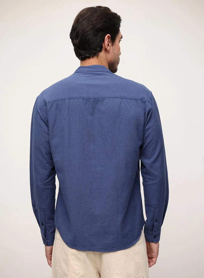 Dennis Lingo  Navy Cotton Linen Solid Print Button Down Relaxed Shirt For Men for Men | Best Price UAE