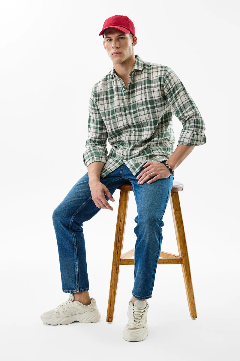 SNITCH Olive Checkered Long Sleeve Slim Fit Casual Shirt