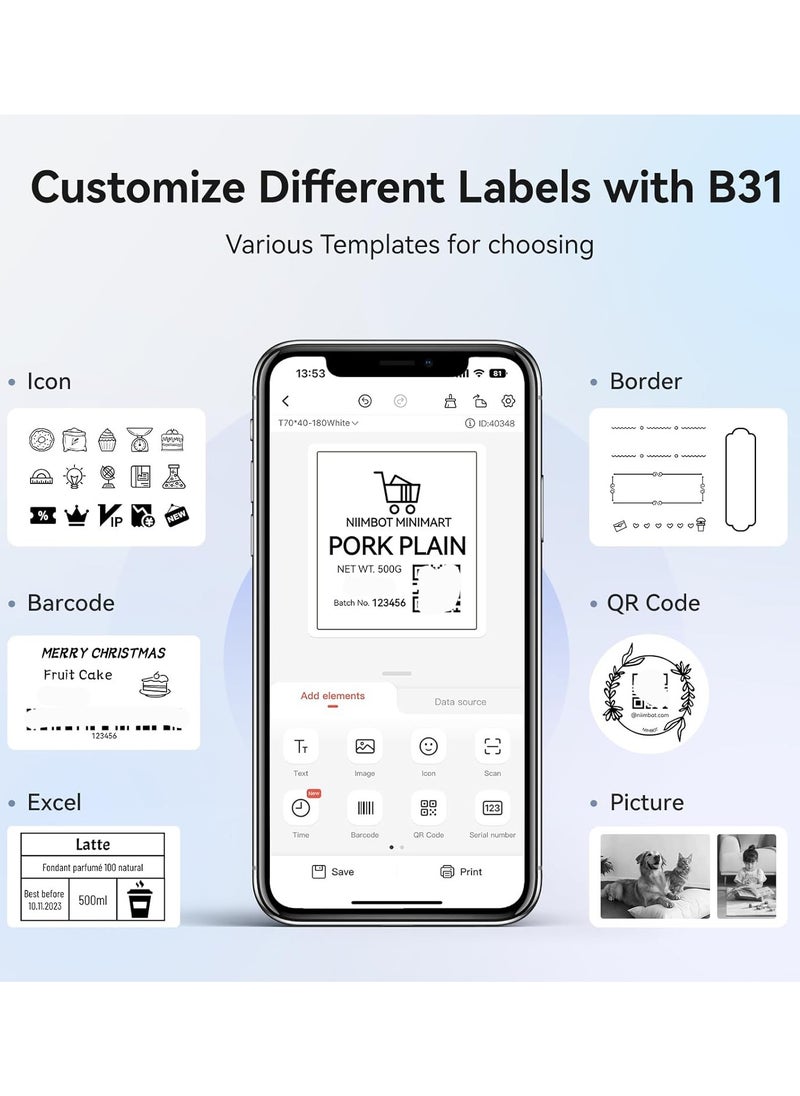 NIIMBOT - B31 Thermal Label Maker Machine, Inkless Label Printer with 20-75mm Print Width, 3 Inch Portable Label Printer with 1 Roll 70*40mm White Tape, for Retail Small Business, for Barcode, Address, Logo, Tag Labeling, Bluetooth Thermal Sticker Maker Compatible with Smartphones & PC - Image 1
