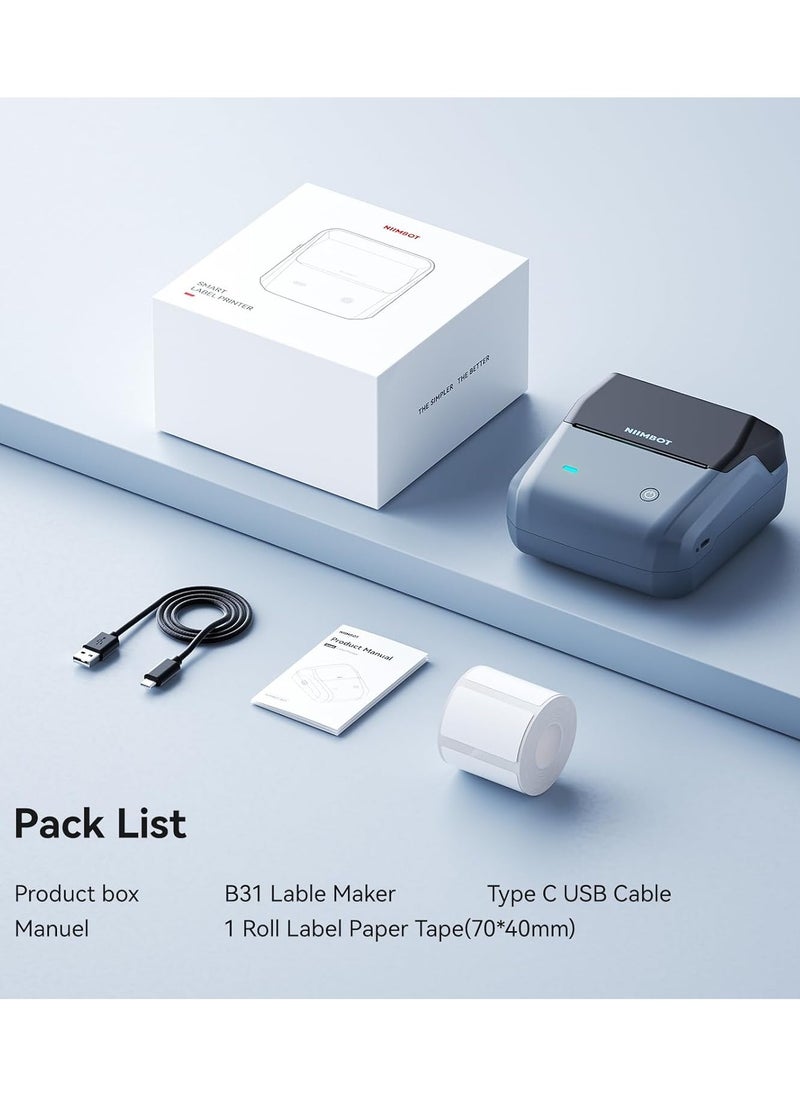 NIIMBOT - B31 Thermal Label Maker Machine, Inkless Label Printer with 20-75mm Print Width, 3 Inch Portable Label Printer with 1 Roll 70*40mm White Tape, for Retail Small Business, for Barcode, Address, Logo, Tag Labeling, Bluetooth Thermal Sticker Maker Compatible with Smartphones & PC - Image 1