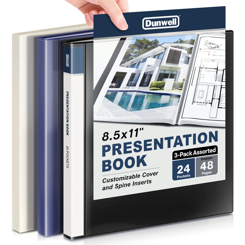 Dunwell Presentation Binder 24-Pocket, Displays 48 Pages, 8.5x11 Portfolio Binder with Plastic Sleeves, Storage and Organizer for Documents, Certificates, Projects, Photos (3 Pack, Assorted) - Image 1