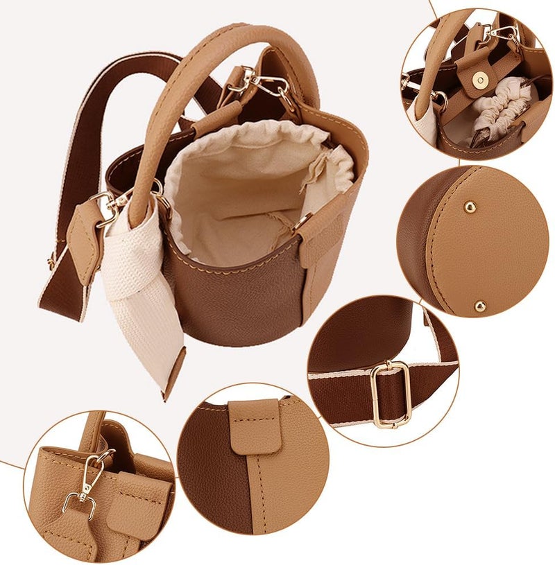 klarako DIY PU Leather Bag Making Kit for Women, Handbags Sewing Kit for Adult DIY Bucket Bag Making Kit with Lined Pockets DIY Purse Cross Leather Craft Bag Making Supplies, 6.7x6.7 Inch, Brown - Image 4