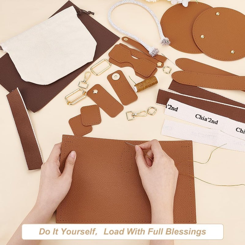 klarako DIY PU Leather Bag Making Kit for Women, Handbags Sewing Kit for Adult DIY Bucket Bag Making Kit with Lined Pockets DIY Purse Cross Leather Craft Bag Making Supplies, 6.7x6.7 Inch, Brown - Image 3