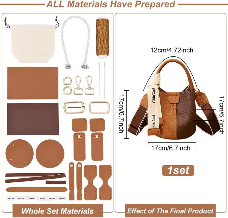 klarako DIY PU Leather Bag Making Kit for Women, Handbags Sewing Kit for Adult DIY Bucket Bag Making Kit with Lined Pockets DIY Purse Cross Leather Craft Bag Making Supplies, 6.7x6.7 Inch, Brown - Image 2