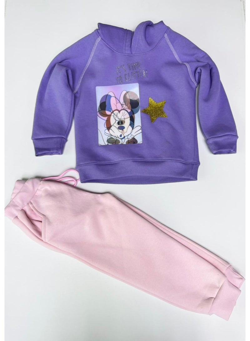 جوكي طقم بيجامه شتوي بنات مبطن فليس بطبعة ميني جليتر