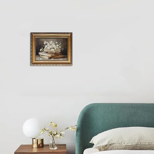 Kizbok Gold Framed Wall Art for Home Decor, Vintage Books and Flowers Canvas Prints Painting, Antique Vintage Floral Wall Decor for Light Academia Cottage Room Decor, Aesthetic Bedroom Framed Art Picture for Living Room Bathroom Gallery Shelf Decoration - 9x12inch - Image 5