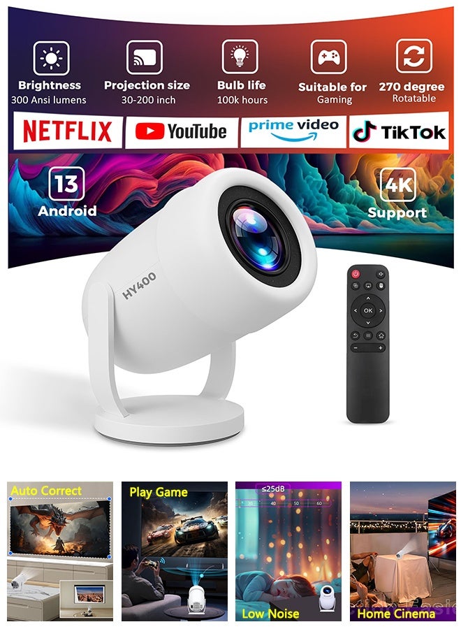 Smart Mini Projector with WiFi6 and BT 5.4, 300 ANSI Lumens, 4K Ultra HD 1280p, Android 13, 100K Hours Bulb life with 200" Giant Screen, Gaming & Home Cinema, Protable Tv Outdoor Movie Theater HY400