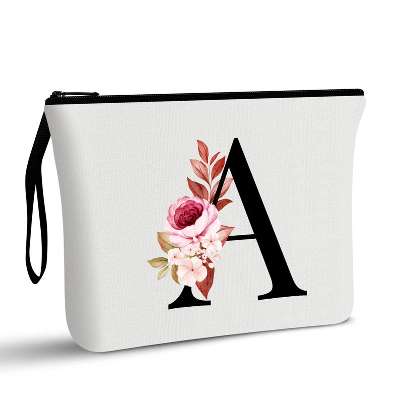 Vavabox A-Z Personalized Makeup Bag, Birthday Gifts for Women Mom, Gifts for Best Friend, Bride Bridesmaid Cosmetic bag (A, White) - Image 1