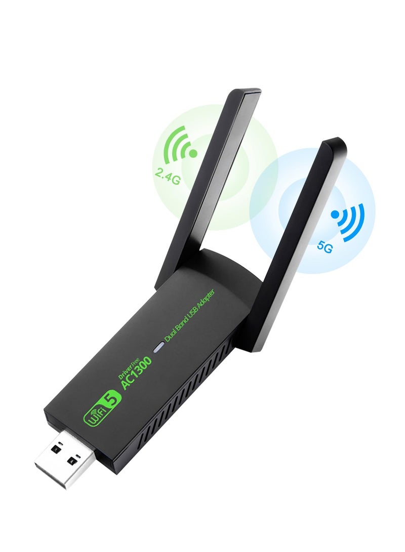 محول USB واي فاي، AC1300Mbps مزدوج النطاق مع هوائي عالي الكسب 5dBi، محول شبكة لاسلكي 2.4GHz/5GHz لجهاز الكمبيوتر المكتبي، يدعم أنظمة تشغيل ويندوز 7/8/10/11، محول لاسلكي لجهاز الكمبيوتر المكتبي. - Image 1