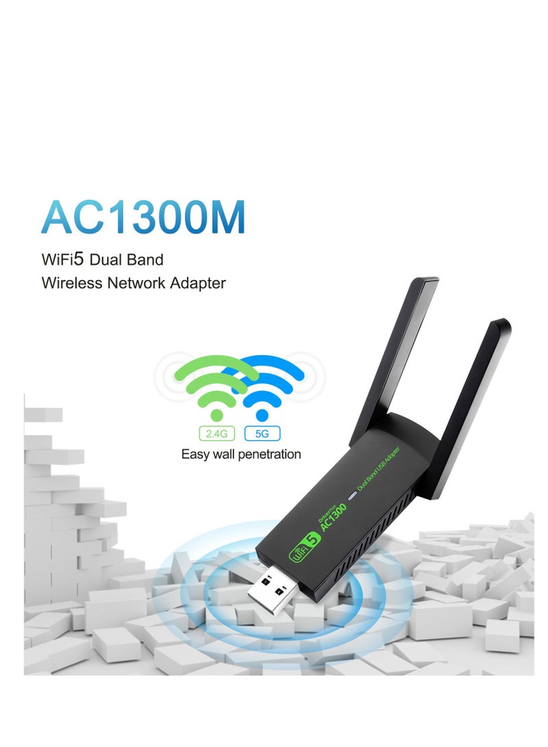 محول USB واي فاي، AC1300Mbps مزدوج النطاق مع هوائي عالي الكسب 5dBi، محول شبكة لاسلكي 2.4GHz/5GHz لجهاز الكمبيوتر المكتبي، يدعم أنظمة تشغيل ويندوز 7/8/10/11، محول لاسلكي لجهاز الكمبيوتر المكتبي. - Image 2