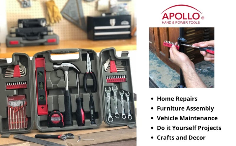 Apollo Tools 53 Piece Home Repair Tool Set with Toolbox Storage Case, Basic Tool Set for General Household Repairs and DIY, Includes Most Useful Hand Tools - Red - Image 4