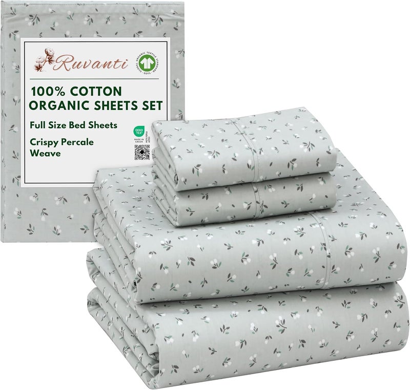 Ruvanti 100% Organic Cotton Sheets Full Size, Percale Weave, GOTS Certified, 4-Piece Set, Deep Pocket 15", Crisp & Breathable, Soft Durable Bedding, Sábanas Algodón Orgánico – Bud Club - Image 1