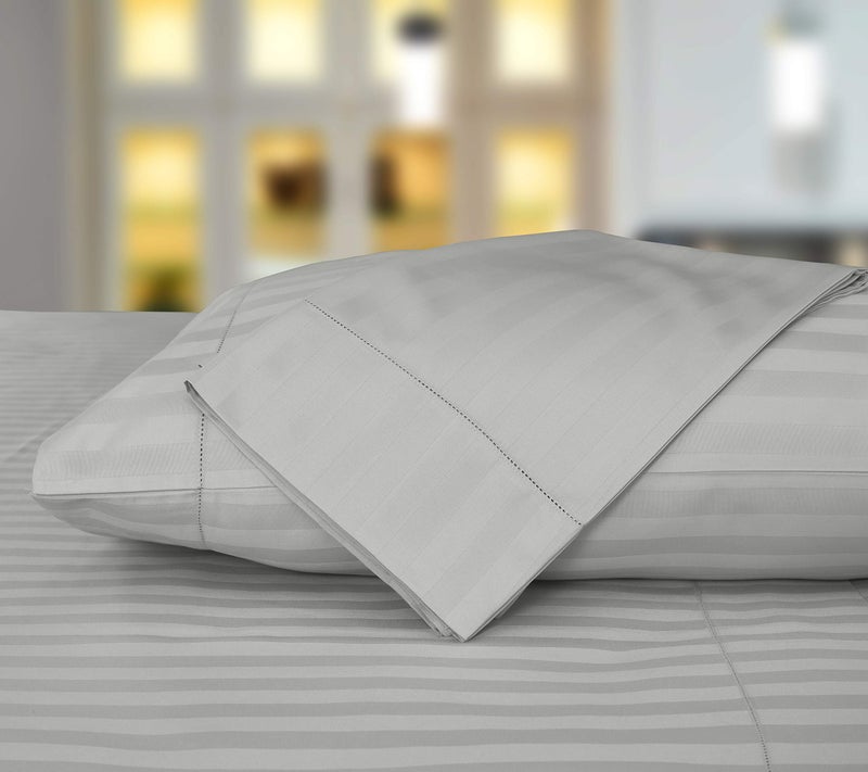 Threadmill Threadmill 500 Thread Count Twin-XL Size Damask Stripe  3 Pc Luxury Cotton Bed Sheet Set  Silky Soft Light Grey Sheets with 15"" Elasticized Deep Pocket  1 Pillowcase & Free Tote Bag  - Image 3