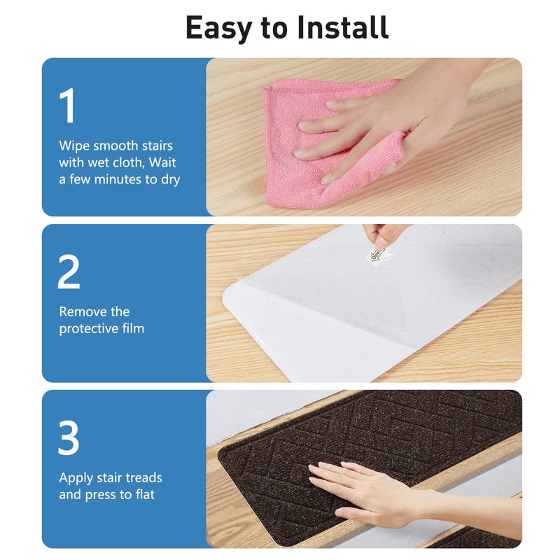 PATTENGO Stair Treads for Wooden Steps,15 Pack 8" X 30" Stairs Carpet Treads Non Slip Indoor with Reusable Peel and Stick Adhesive for Kids Elders and Pets,Polyester TPR Backing - Image 3