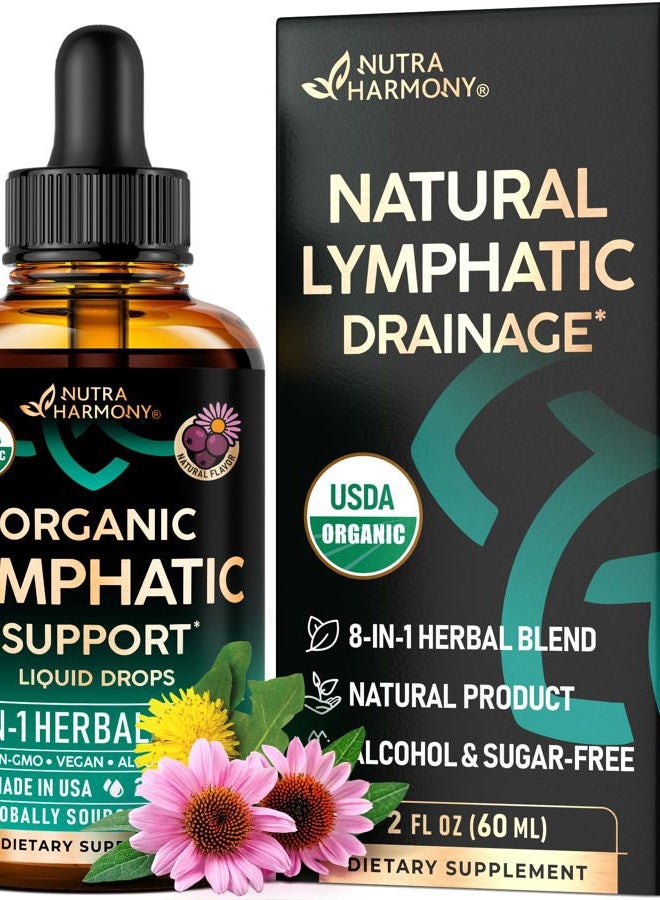 NUTRAHARMONY USDA Organic Lymphatic Drainage Supplement - Echinacea | Elderberry | Dandelion | Rosehip | Cleavers | Calendula | Burdock - Made in USA - Lymph System Drops - Immune Support, Cleanse & Detox, 2 fl oz - Image 1
