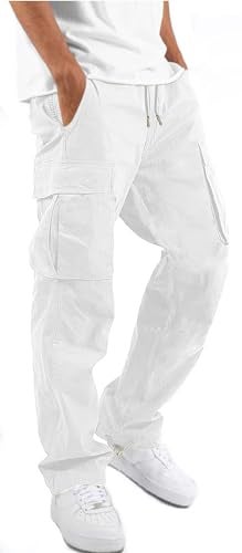 HUNGSON Mens Cargo Pants Drawstring Casual Hiking Pants Joggers Athletic Trousers Cotton Loose Straight Sweatpants for Men White - Image 1