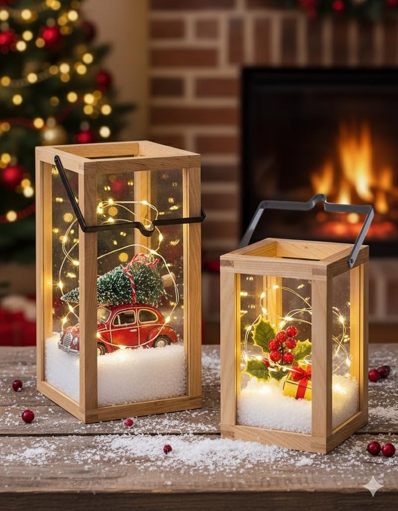 LABZIO Wooden Candle Lantern Small – Rustic Hanging Lantern with Glass Panels & Metal Handle for Diwali Home & Outdoor Decor, Vintage Farmhouse Candle Holder for Tabletop, Patio, Porch, Garden - Image 4