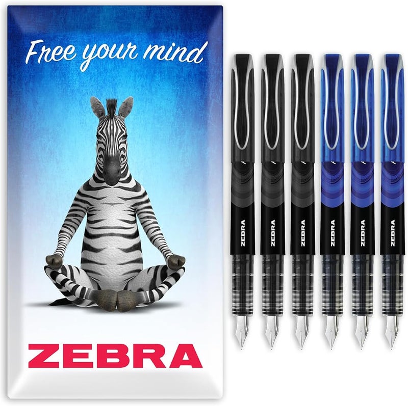 Zebra Pen Zebra Fuente Pen - Disposable Fountain Pens - Pack of 6 - Black & Blue Ink - In Zebra Envelope Gift Packaging - Image 1