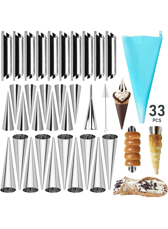 33Pcs Cream Horn Mold, Cannoli Forms Tubes Kit, Stainless Steel 20pcs Cone Shaped and 10pcs Tubular Shaped Baking Molds for Danish Pastry Lady Lock Form Cream Roll Croissant - Image 1