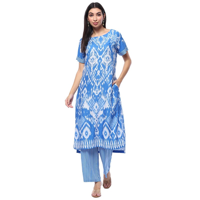 Biba Women Rayon Printed Kurta With Palazzo (ASSORTED2007EAW24BLUE, Medium - Image 4