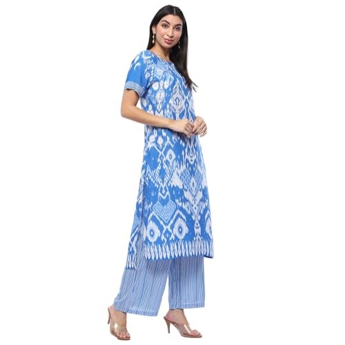 Biba Women Rayon Printed Kurta With Palazzo (ASSORTED2007EAW24BLUE, Medium - Image 3