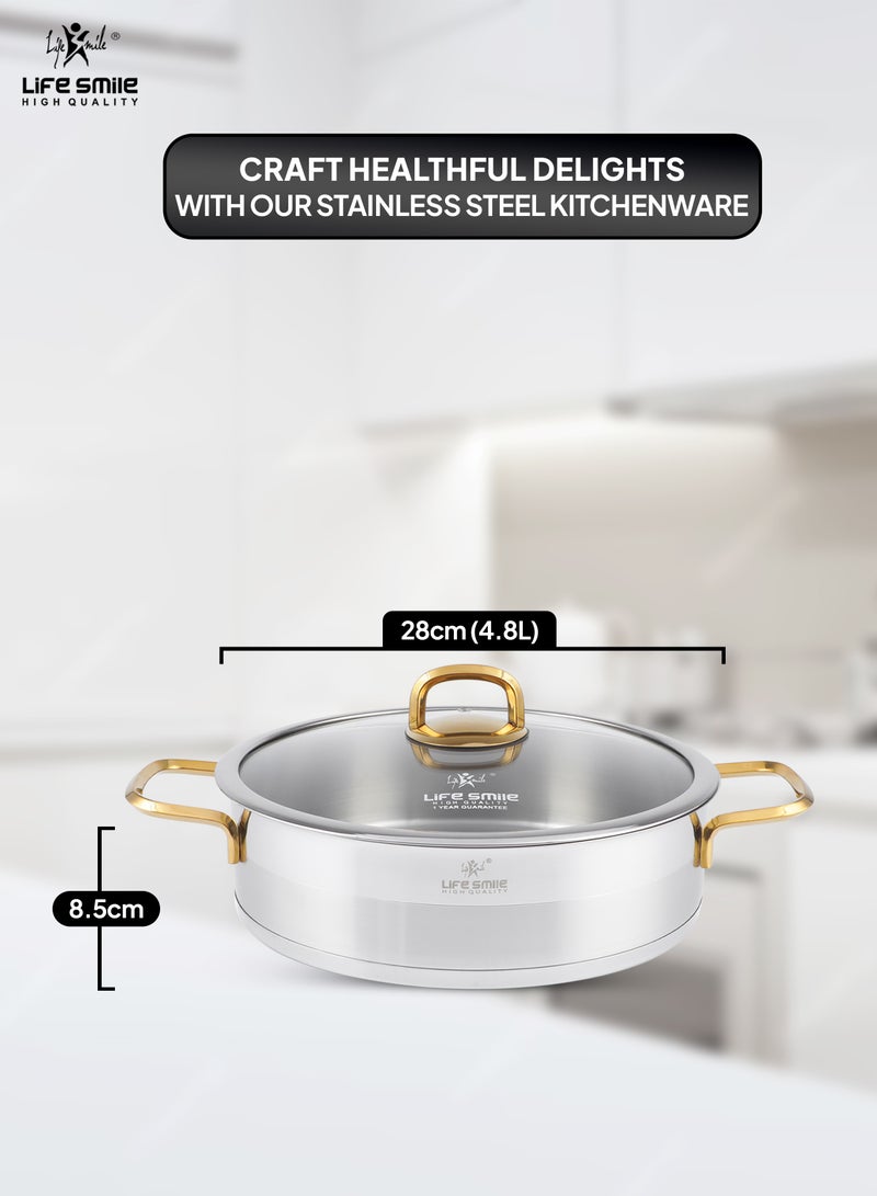 LIFE SMILE 28cm (4.8L) Shallow Pot with Lid – 18/10 Pure Stainless Steel Casserole | Induction Base, Double Handles | Non-Toxic & 100% PFOA, PTFE & PFOS Free | Oven Safe - Image 3