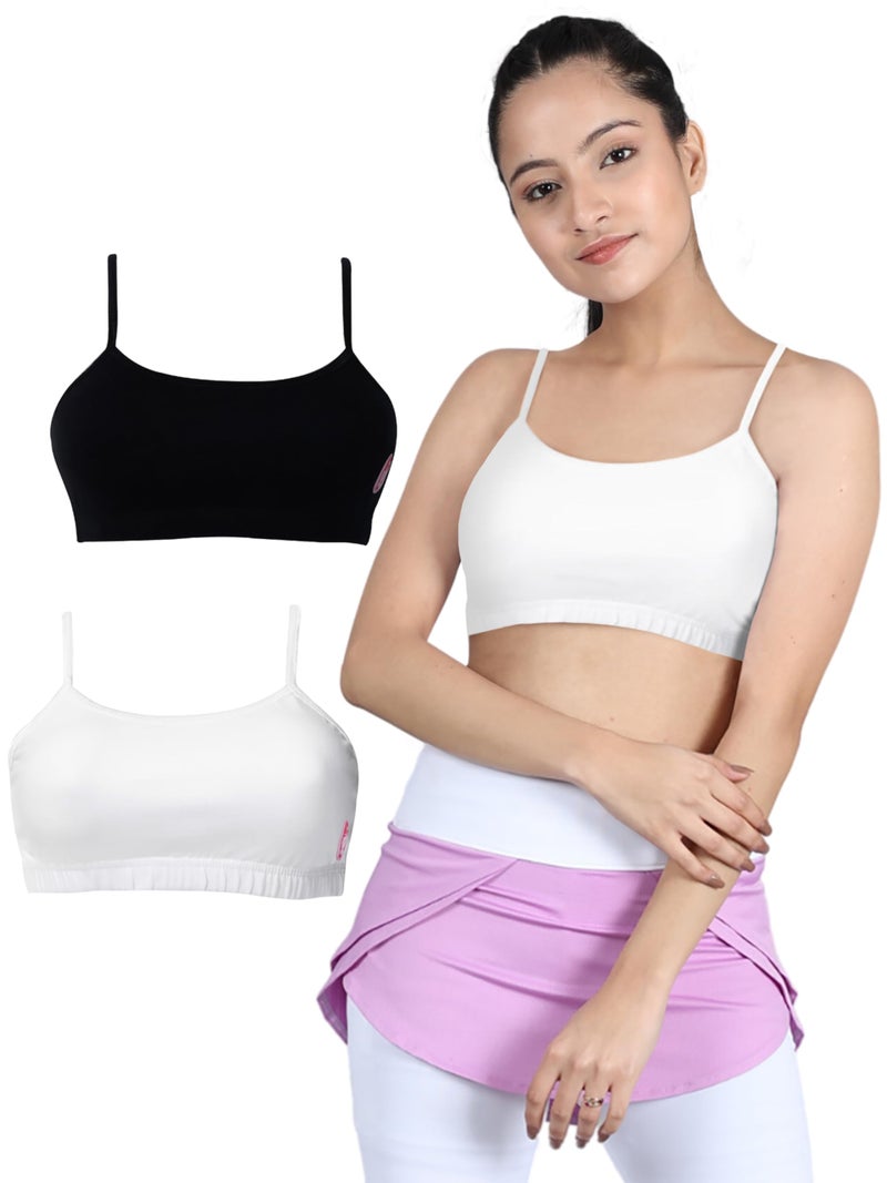 DChica Essentials Sports Bra for Girls, Cotton Non-Padded Full Coverage Beginners Bra, Girls T-Shirt Bra, Non-Wired Gym Workout Bra with Adjustable Thin Strap, Slip-on Training Bra (3 pcs) White - Image 1