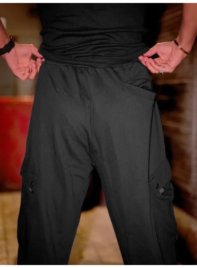 Maniac Maniac Mens Solid Black 5 Pockets Loopknit Baggy Cargo  - Image 3