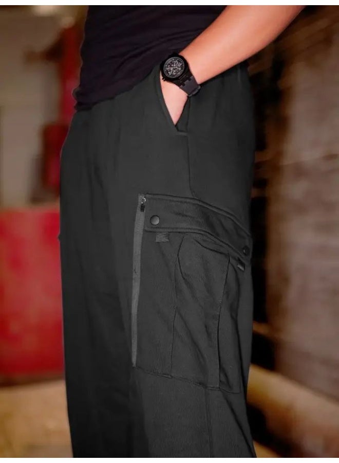 Maniac Maniac Mens Solid Black 5 Pockets Loopknit Baggy Cargo  - Image 4