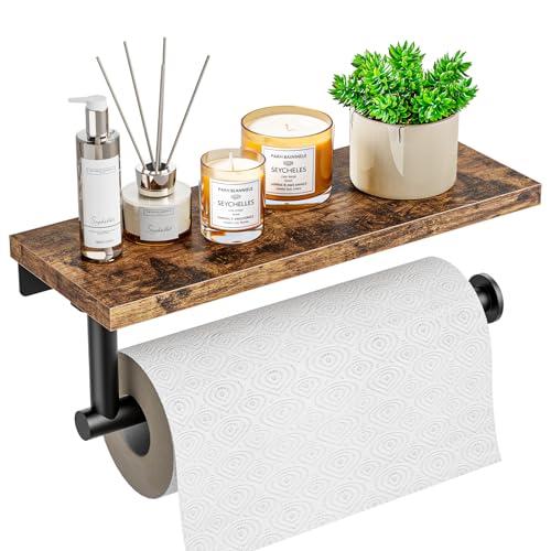 Banawey Paper Towel Holder Wall Mount with Shelf - Wooden Hanging Paper Towel Holder for Bathroom, Wall Mounted Hand Towel Holder, Paper Towel Rack for Bathroom, Kitchen, Laundry Room, Rustic Brown - Image 1